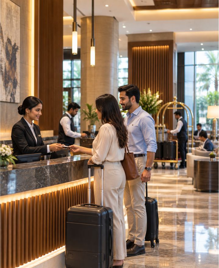 Modern hotel interior with hospitality staff serving guests