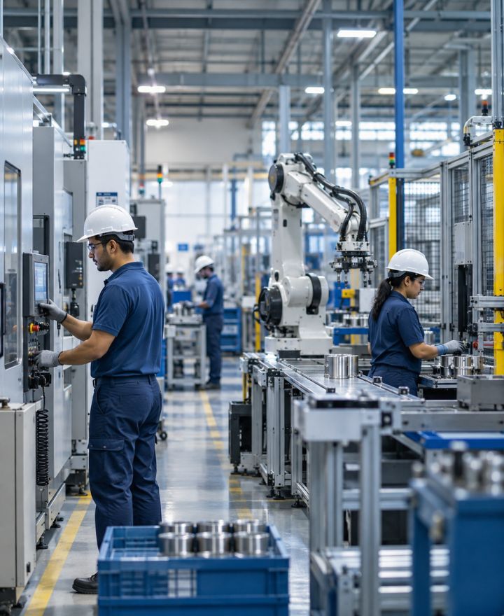 Modern manufacturing facility with production machinery and workers