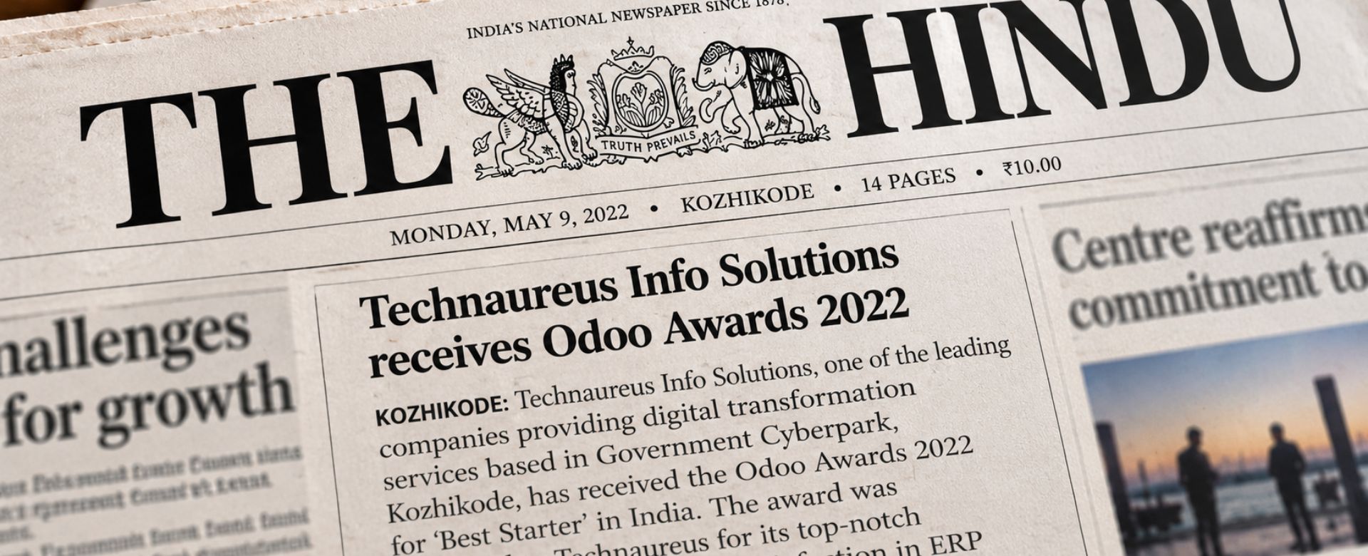 The Hindu newspaper coverage of Technaureus Odoo Best Starter Award 2022 in India